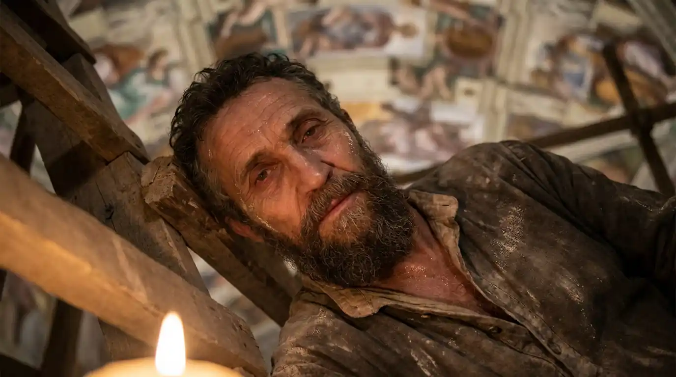 Michelangelo lying on his back on the scaffold boards, breaking the fourth wall: heavy eyes locked on the viewer, face filling the frame, plaster dust, blurred vault above, intimate cinematic colour